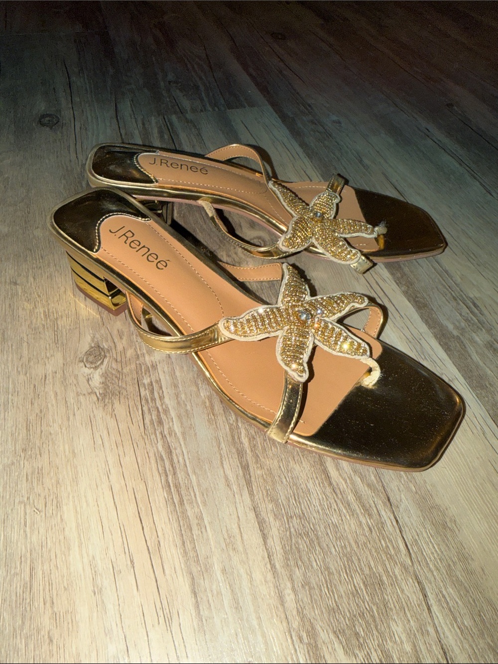 J.Renee Metallic Gold Starfish Embellished Block Heel Sandals